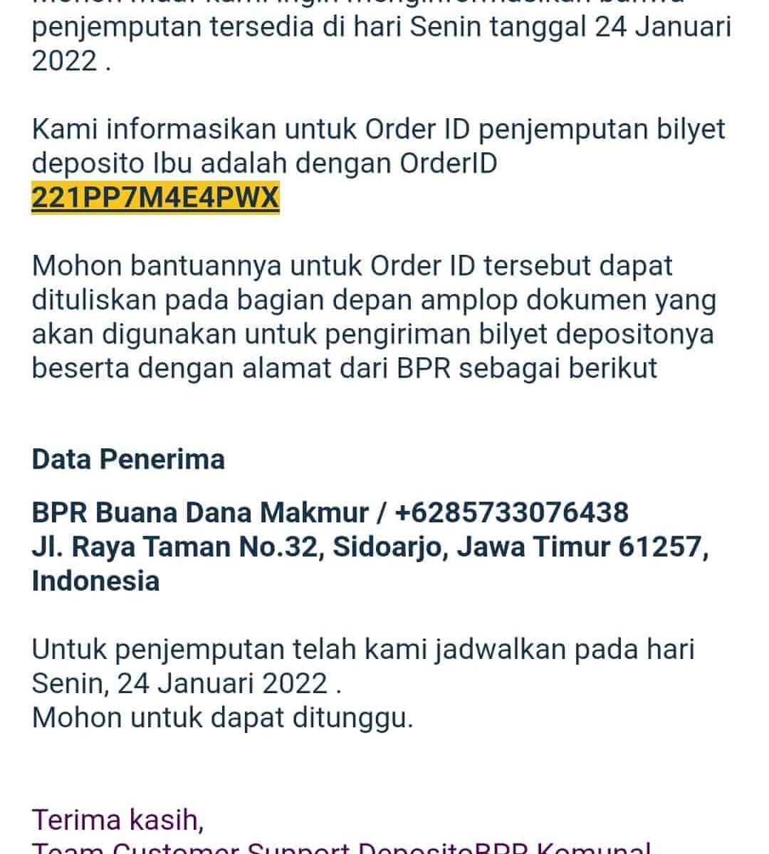 email bukti kalau Deposito BPR Aman