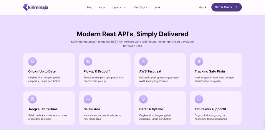 Kiriminaja didukung fitur Rest API yang mengintegrasikan dengan platform milik pebisnis online